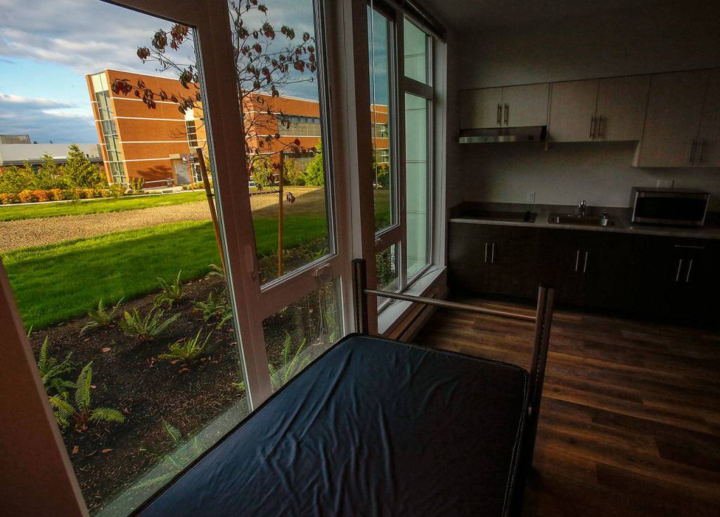 A studio apartment at EvCCs new Cedar Hall is designed to accomodate people with disabilities. This ground level studio has a bucolic view, despite its off-Broadway location. (Dan Bates / The Herald)