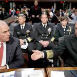 Secretary of the Navy Richard Spencer (left) listens to Chief of Naval Operations Adm. John Richardson during a Senate Armed Services hearing on Tuesday on Capitol Hill in Washington. (AP Photo/Jacquelyn Martin)