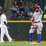 The Rangers&rsquo; Rougned Odor celebrates a ground rule double in the fifth inning of a game against the Mariners on Sept. 19, 2017, in Seattle. (AP Photo/Lindsey Wasson)