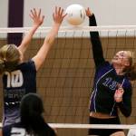 Glacier Peak&rsquo;s Emily Jameson (left) and Lake Stevens&rsquo; Hayley Muir contend for a point at the net during a match on Sept. 20, 2017, at Lake Stevens High School. Lake Stevens defeated Glacier Peak 3-0. (Kevin Clark / The Herald)