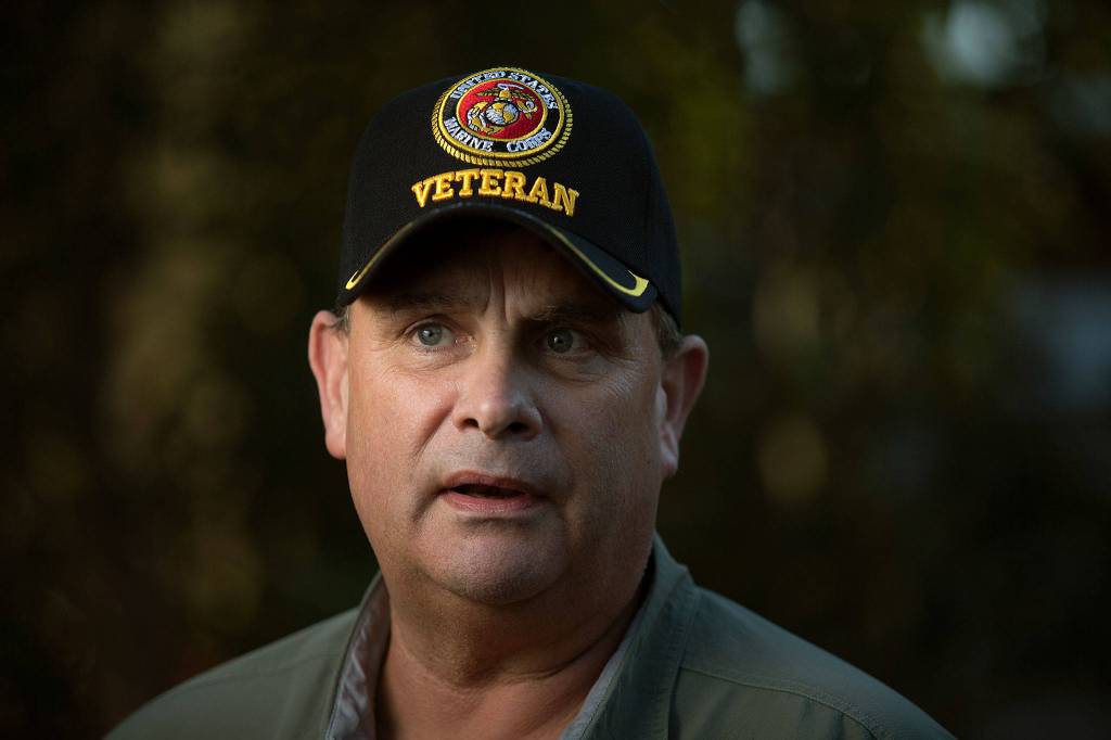 I remember thinking I was sharing his last few moments with him, says Byron Petit, a retired Marine with years of combat medical training, at his home on Tuesday in Marysville. Petit found badly injured Christian Schimandle down off a 50-foot cliff northwest of Darrington, carried him up the cliff, and stay with him while awaiting medical help. (Andy Bronson / The Herald)