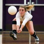 Lake Stevens Payton Ludwig makes a dig off a serve at Lake Stevens High School on Sept. 20. Lake Stevens defeated Glacier Peak, 3-0. (Kevin Clark / The Herald)