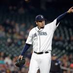 Mariners starting pitcher Felix Hernandez motions after an inning-ending out against the Rangers in a game Sept. 20, 2017, in Seattle. (AP Photo/Elaine Thompson)
