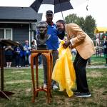 Recent Pro Football Hall of Fame inductee and former Seahawks safety, Kenny Easley, checks out a replica bust of himself during a ceremony held in his honor at Greater Trinity Academy in Everett on Sept. 30, 2017. (Ian Terry / The Herald)