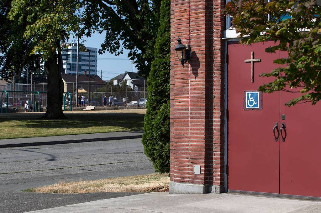 An entrance to Trinity Lutheran Church is seen across the street from Everetts Clark Park. (Ian Terry / The Herald)
