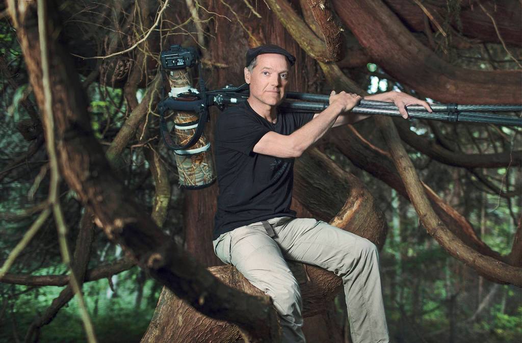 Wildlife photographer Paul Bannick sits in a tree in Discovery Park, a 534-acre natural area in Seattles Magnolia neighborhood. (Photo: Quinn Russell Brown / Columns Magazine)