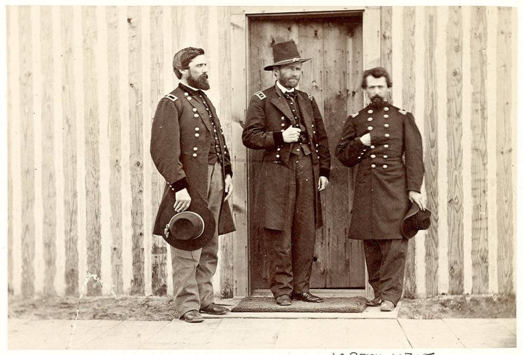 Gen. U.S. Grant, center, with John Rawlins, left, and an unidentified officer. Rawlins was Grants chief of staff, trusted adviser and conscience during the Civil War and the indispensable watchdog of Grants drinking problem. (Library of Congress)