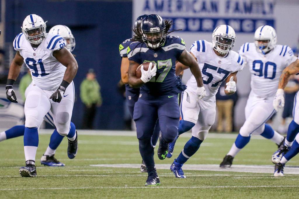 Seahawks running back Eddie Lacy races for a touchdown with Colts trailing Sunday night at CenturyLink Field in Seattle on October 1, 2017. Seahawks won 46-18. (Kevin Clark / The Herald)