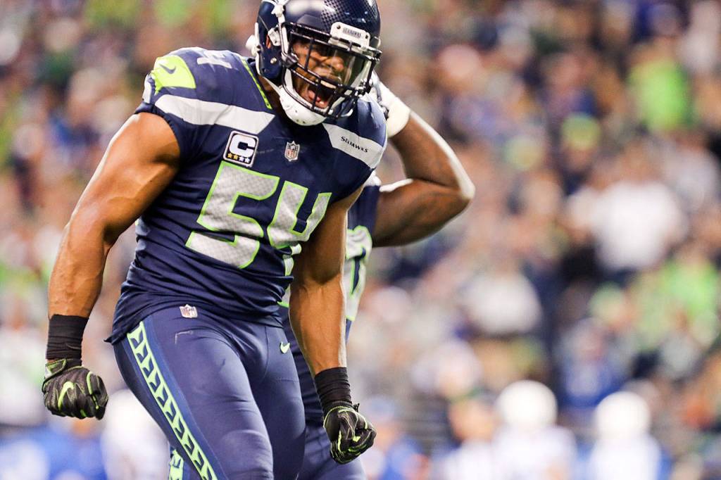 Seahawks linebacker Bobby Wagner celebrates a sack Sunday night at CenturyLink Field in Seattle on October 1, 2017. Seahawks won 46-18. (Kevin Clark / The Herald)
