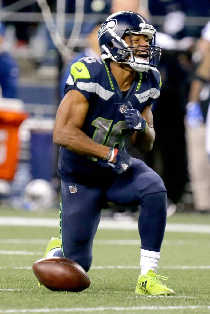 Seahawks wide receiver Tyler Lockett celebrates his reception against the Colts Sunday night at CenturyLink Field in Seattle on October 1, 2017. Seahawks won 46-18. (Kevin Clark / The Herald)