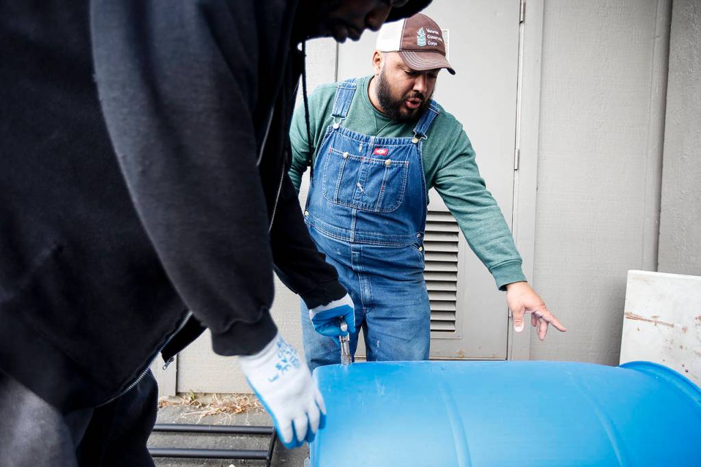 Chris Rodriguez (center) helps Steven Sykes prepare a rain barrel for installation outside Experience Momentum in Lynnwood on Oct. 11. (Ian Terry / The Herald)