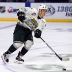 The Silvertips Matt Fonteyne controls the puck during a game against the Thunderbirds on Sept. 2, 2017, at Xfinity Arena in Everett. (Kevin Clark / The Herald)