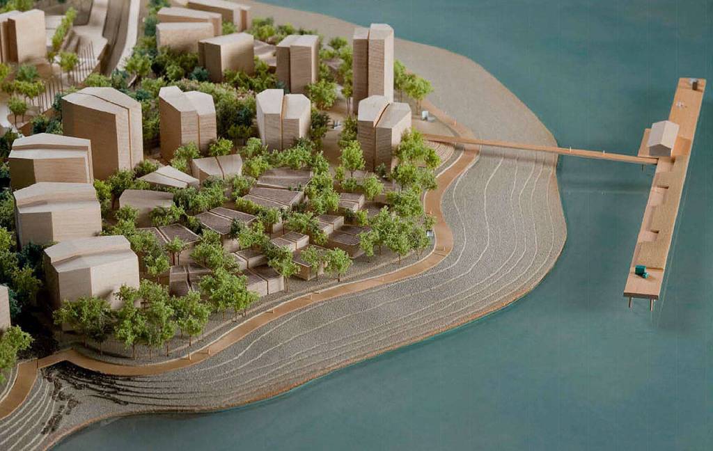An architectural model of the planned development of 3,080 waterfront condos at Point Wells near Woodway. (Blue Square Real Estate)