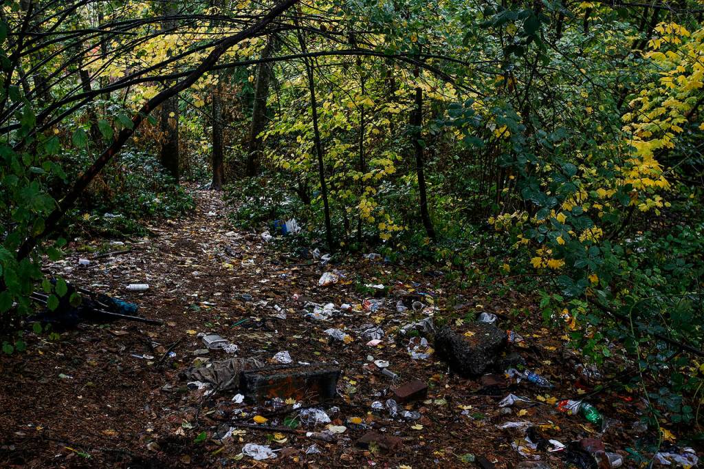 Trash is strewn across a trail in the woods behind Home Depot on Evergreen Way in Everett on Friday. (Ian Terry / The Herald)