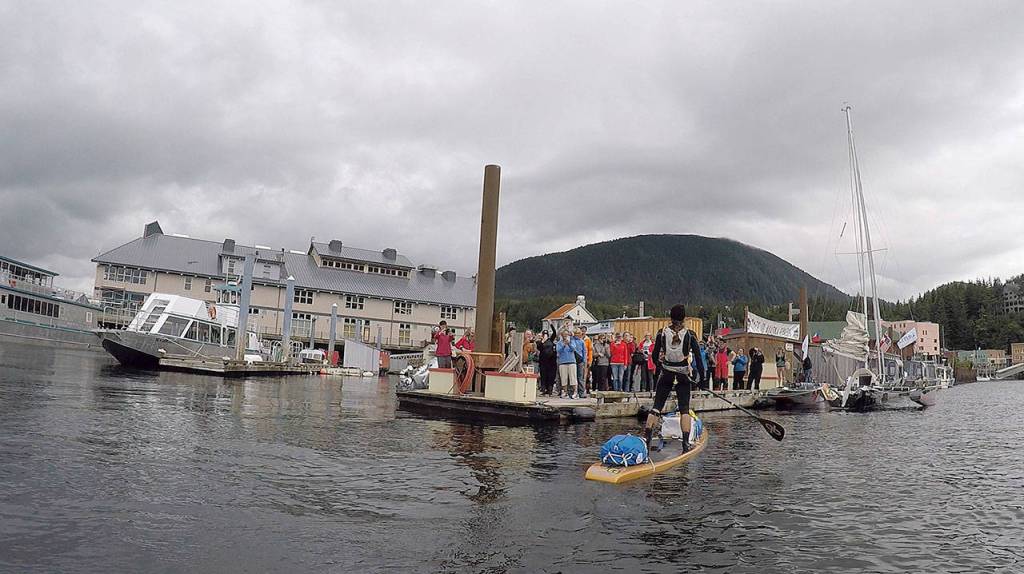Karl Kruger paddles into Ketchikan to finish a 766 mile trip on a stand-up paddleboard. It took him 15 days. (Photo courtesy of Karl Kruger)