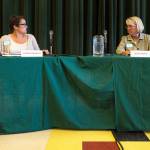 Cassie Franklin (left) and Judy Tuohy at the Everett mayoral candidates debate Sept. 11. (Andy Bronson / The Herald)