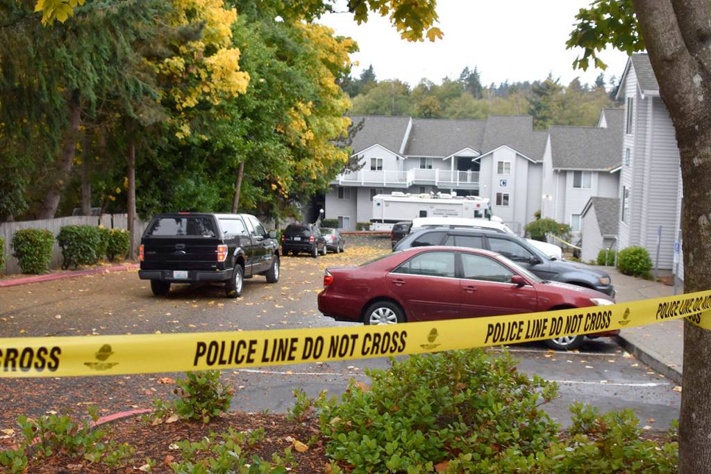 Sheriffs deputies cordoned Bristol Square Apartments in Lynnwood where a boy, 6, was found dead in a Dumpster early Tuesday. Dayvid Pakko was reported missing around 2:30 p.m. Monday in the 15700 block of 44th Avenue W. (Caleb Hutton / The Herald)