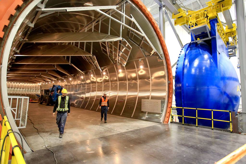 The autoclave at the new 777x Composite Wing Center at Paine Field in Everett in May. (Kevin Clark / The Herald)