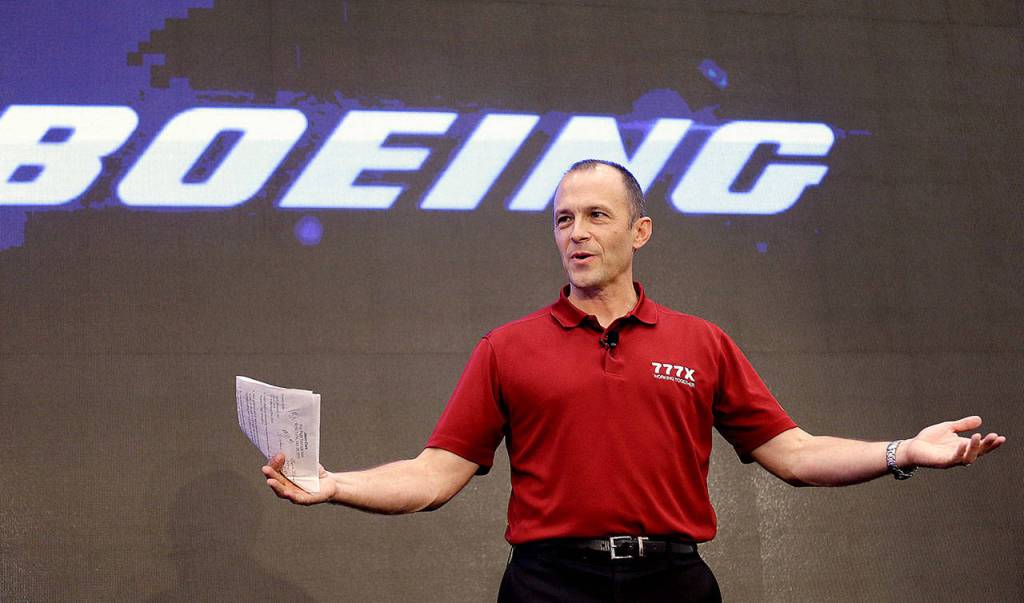 Jason Clark, Boeing vice president of 777/777X operations, speaks at a ceremony marking the beginning of production of the 777X on Monday, in Everett. (AP Photo/Elaine Thompson)