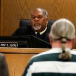 Snohomish County Superior Court Judge Eric Lucas studies convicted bank robber Christian Franzwa as Franswa makes a statement before sentencing Wednesday. (Dan Bates / The Herald)