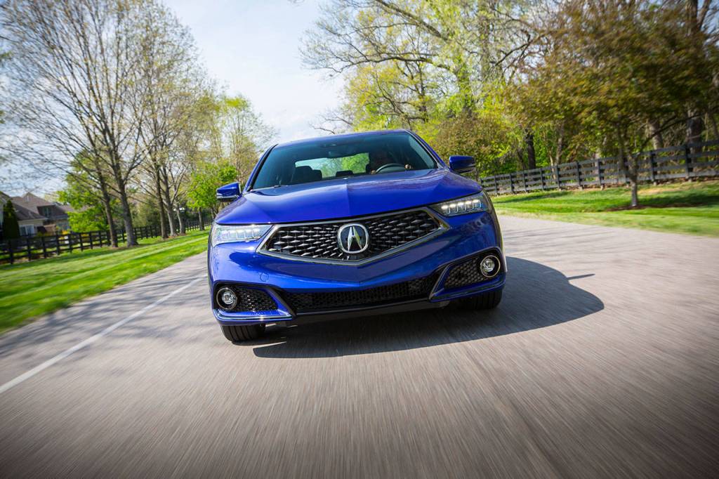 The 2018 Acura TLX A-Spec model is distinguished by a matte-black diamond pentagon grille with dark chrome surround and an aggressive lower front fascia. (Manufacturer photo)