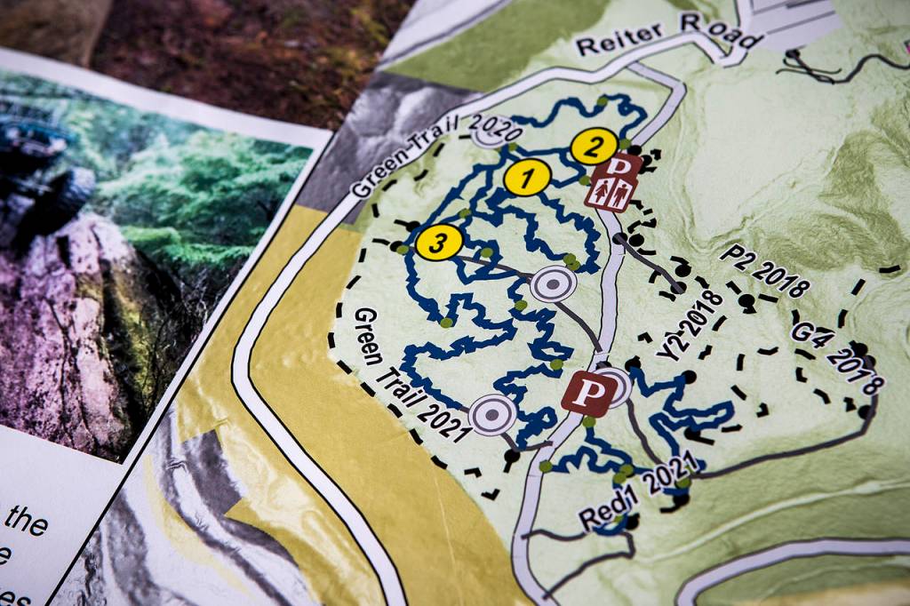 A portion of the Reiter Foothills Forest ORV Trails, near Sultan, are seen on a map Thursday. (Ian Terry / The Herald)