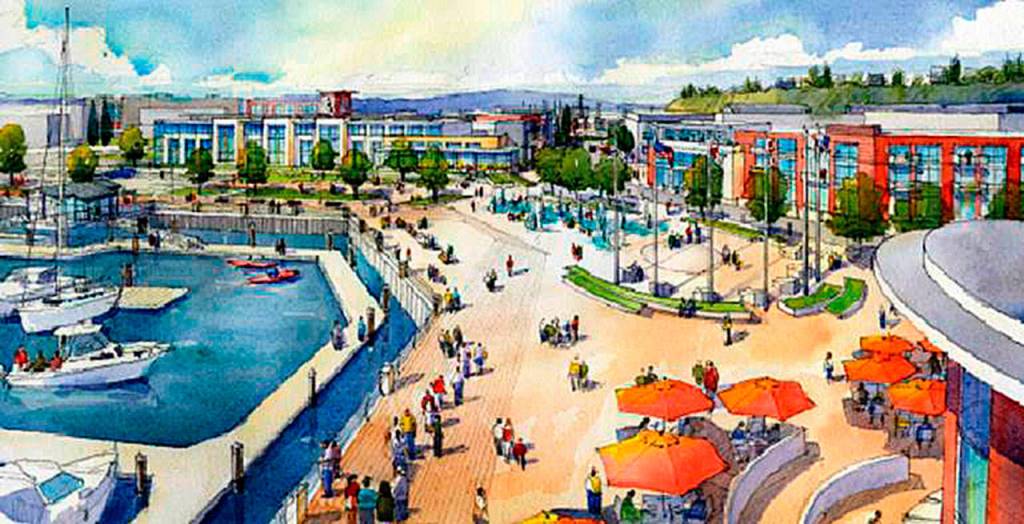 Artist rendering of Fishermans Harbor, the first phase of the Waterfront Place Central project in Everett. (Contributed)