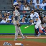 The Dodgers Chris Taylor (right) watches his home run off Astros starting pitcher Dallas Keuchel during the first inning of Game 1 of the World Series on Oct. 24, 2017, in Los Angeles.(AP Photo/Mark J. Terrill)
