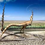 An artists interpretation of Sinosauropteryx and the open habitat in which it lived 130 million years ago in the Early Cretaceous. (Robert Nicholls)