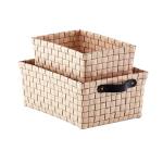 Taupe rowan storage bins ($9.99-$17.99, containerstore.com) are an easy and stylish way to stow T-shirts and accessories on top of shelves or bookcases. (The Container Store)