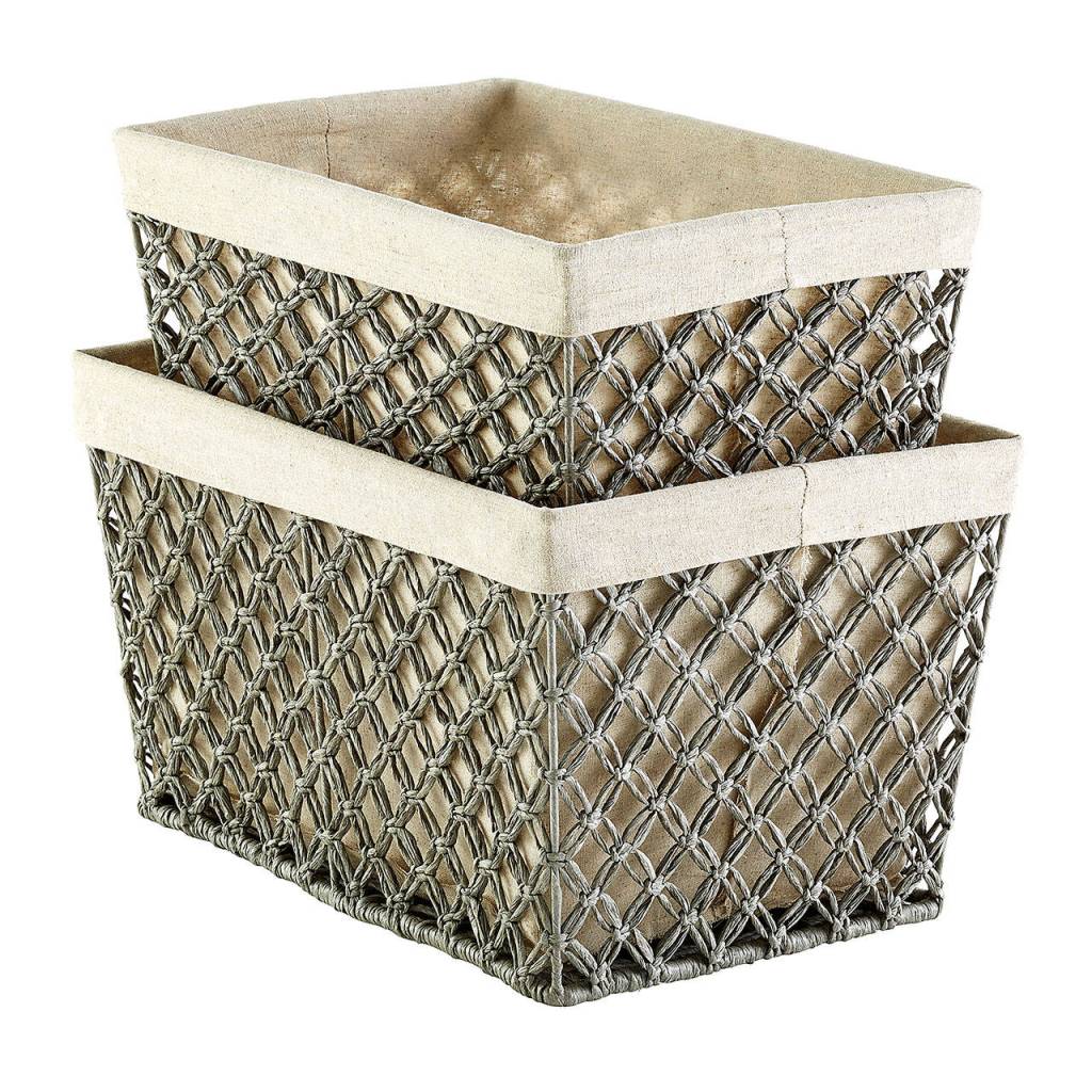 Lattice storage bins ($9.99-$24.99, containerstore.com) are an easy and stylish way to stow T-shirts and accessories on top of shelves or bookcases. (The Container Store)