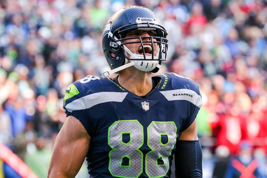 Seahawks tight end Jimmy Graham celebrates his game winning touchdown reception Sunday afternoon at CenturyLink Field on October 29, 2017`.(Kevin Clark / The Herald)