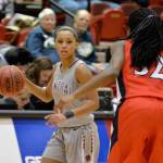 Jasmin Edwards, a Central Washington University senior guard who graduated from Lynnwood High School, looks to set a play. (Photo courtesy of Central Washington)