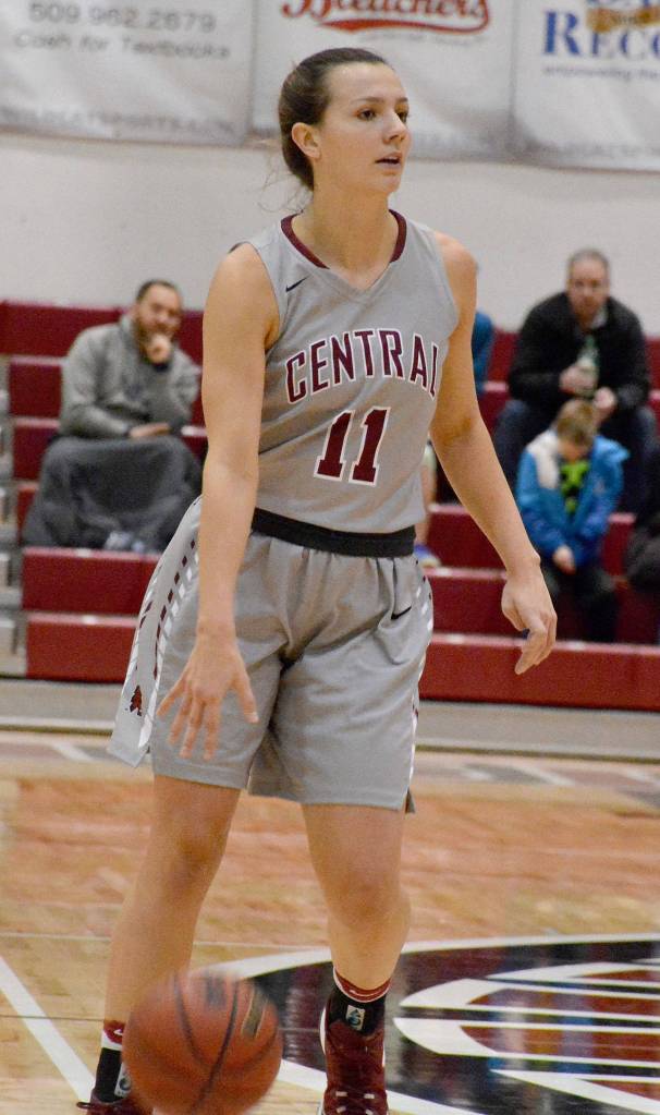Sadie Mensing, a Central Washington University junior guard who graduated from Glacier Peak High School, dribbles up the court. (Photo courtesy of Central Washington)