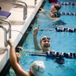 Jacksons Alexis Nims celebrates after her team won the 200-yard medley relay during the 4A State Girls Swimming and Diving Championship at the King County Aquatic Center in Federal Way on Saturday, Nov. 12. (Ian Terry / The Herald)