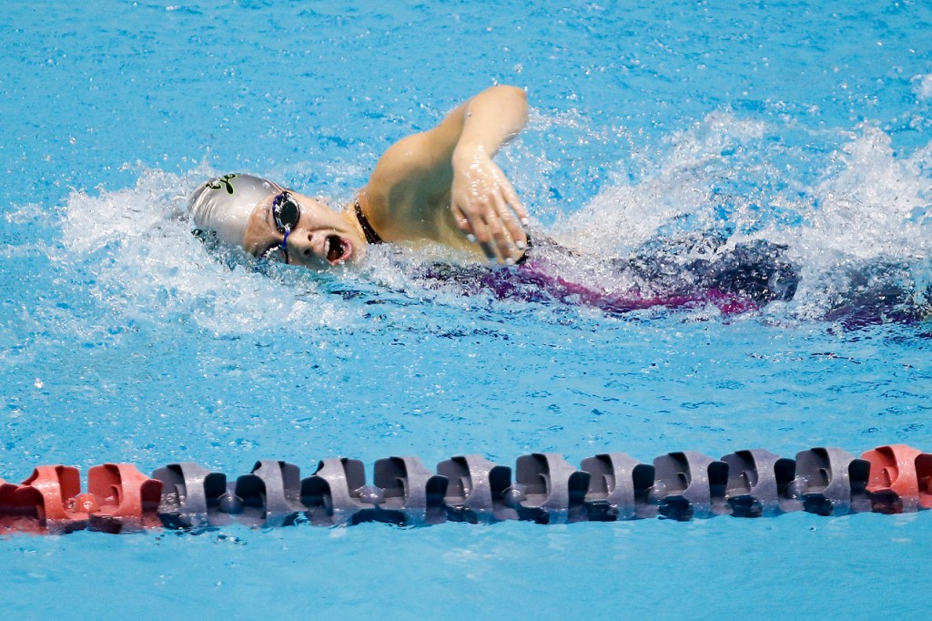 Jacksons Nicole Limberg swims on her way to winning the 200-yard individual medley at the 4A State Girls Swimming and Diving Championship at the King County Aquatic Center in Federal Way on Saturday, Nov. 12. (Ian Terry / The Herald)