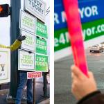 Everett mayoral candidates Judy Tuohy (left) and Cassie Franklin hit the streets on Friday. (Andy Bronson / The Herald)