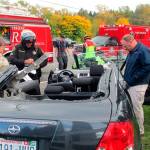 An Oct. 17 crash at OK Mill Road and South Machias Road sent the driver of this vehicle to the hospital. The photo was taken by property owners at the intersection, who have seen many crashes there over the years. (Contributed photo)