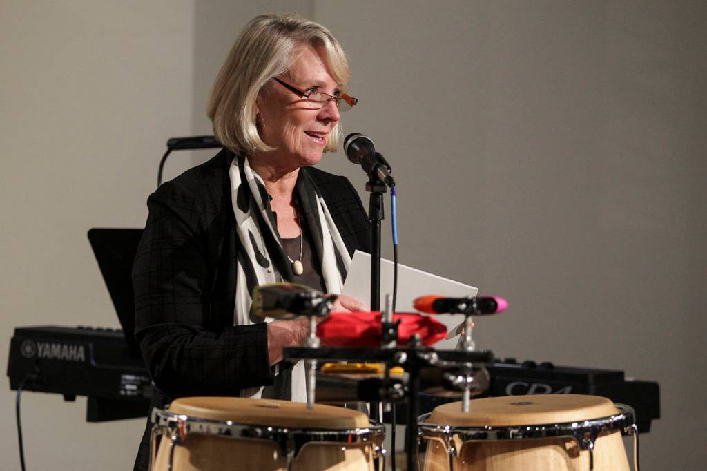 Everett mayoral candidate Judy Tuohy thanks her staff for their work on her campaign during an election night party at Schack Art Center in downtown Everett on Tuesday. (Ian Terry / The Herald)