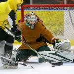 Silvertips goalie Dustin Wolf, donning a Scooby-Doo costume, keeps an eye on the puck during practice on Halloween in Everett. (Andy Bronson / The Herald)