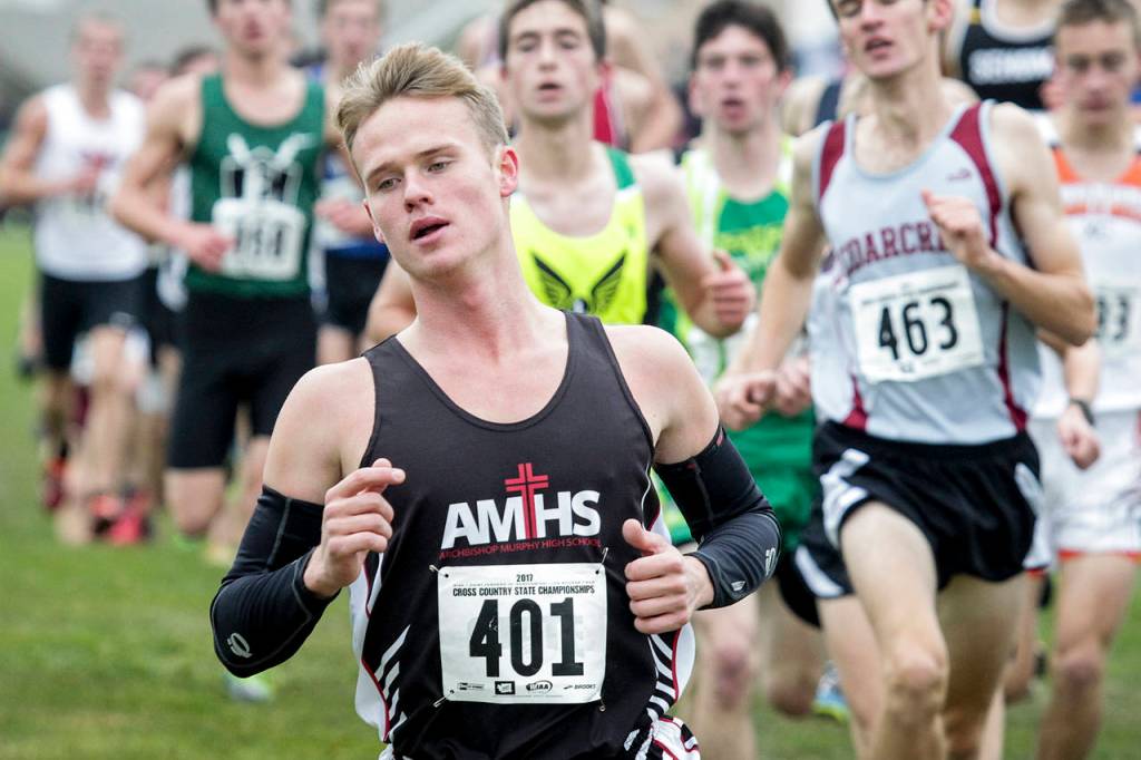 Archbishop Murphys Joshua Rauvola (401) leads the pack Saturday during the Boys 2A State Cross Country Championships at Sun Willows Golf Course in Pasco. Rauvola went on to finish fourth. (Ian Terry / The Herald)