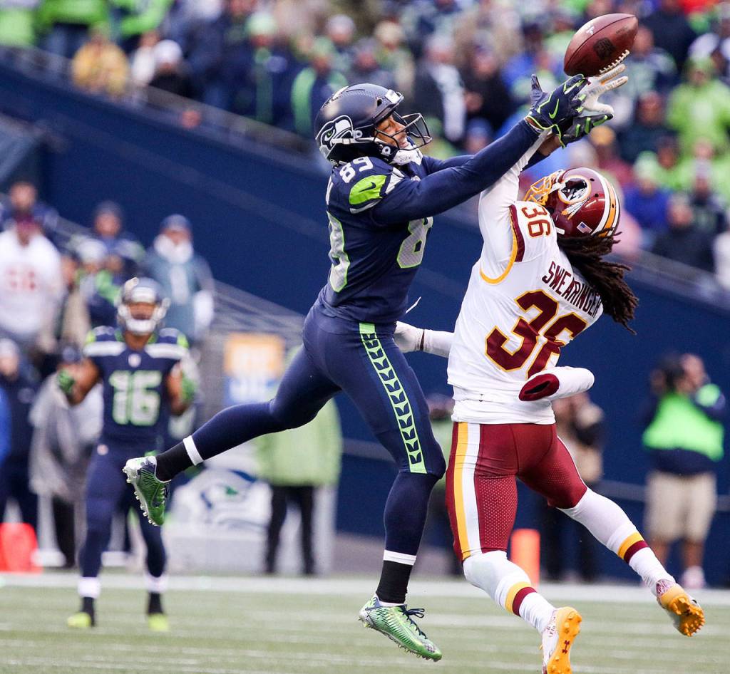 Redskins D.J. Swearinger breaks up a pass intended for Seahawks wide receiver Doug Baldwin Sunday afternoon at CenturyLink Field in Seattle on November 5, 2017. Redskins won 17-14. (Kevin Clark / The Herald)