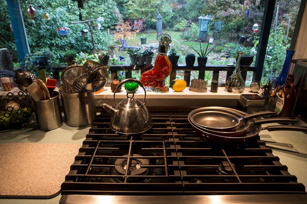 As part of their kitchen remodel, Wendy Keene and Tim Schultz decided to face their stovetop out towards their backyard and garden. (Ian Terry / The Herald)