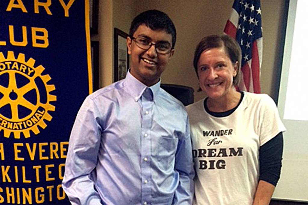 South Everett-Mukilteo Rotary Club president Julie Frauenholtz (right) congratulates Abheek Chakrabarti as a Student of the Month from Kamiak High School. (Contributed photo)