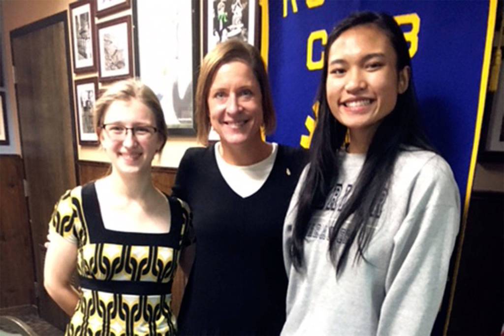 South Everett-Mukilteo Rotary Club president Julie Frauenholtz (middle) congratulates Students of the Month from Mariner High School Mary Douglas (left) and Natalie Simbolon. (Contributed photo)