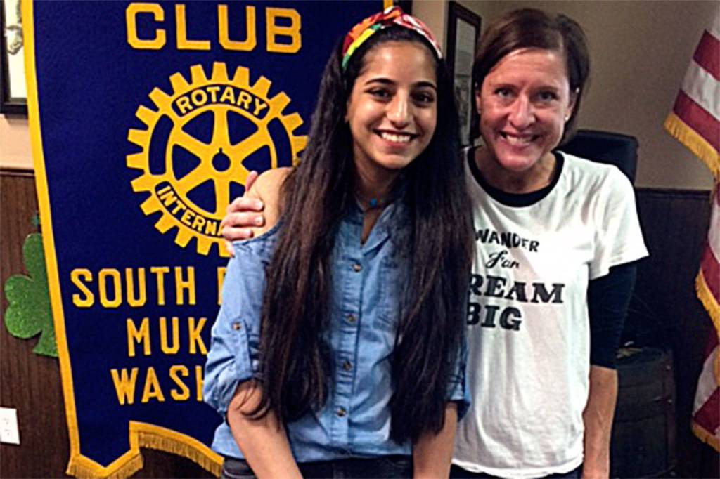 South Everett-Mukilteo Rotary Club president Julie Frauenholtz (right) congratulates Joumana Barbakh as a Student of the Month from Kamiak High School. (Contributed photo)