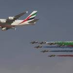 An Emirates Airline A-380 leads the Al Fursan, or the Knights, a UAE Air Force aerobatic display team, during the opening day of the Dubai Air Show, United Arab Emirates, on Sunday. (AP Photo/Kamran Jebreili)