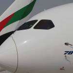 A Boeing 787-10 Dreamliner is parked in front of an Emirates Airline plane during the opening day of the Dubai Air Show, United Arab Emirates, on Sunday. (AP Photo/Kamran Jebreili)