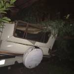 A falling tree struck the back of an RV parked next to a residence in Arlington on Monday, hitting an occupant. The man was able to get himself out of the RV and was transported to Cascade Valley Hospital by Arlington Fire with non-life threatening injuries. (Arlington Fire)