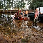 A worker wades into flood waters at the intersection of 136th Street SE and the Bothell-Everett Highway in Mill Creek on Wednesday. (Ian Terry / The Herald)